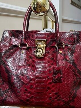 Michael Kors Burgundy Snake-Embossed Satchel with Gold Hardware